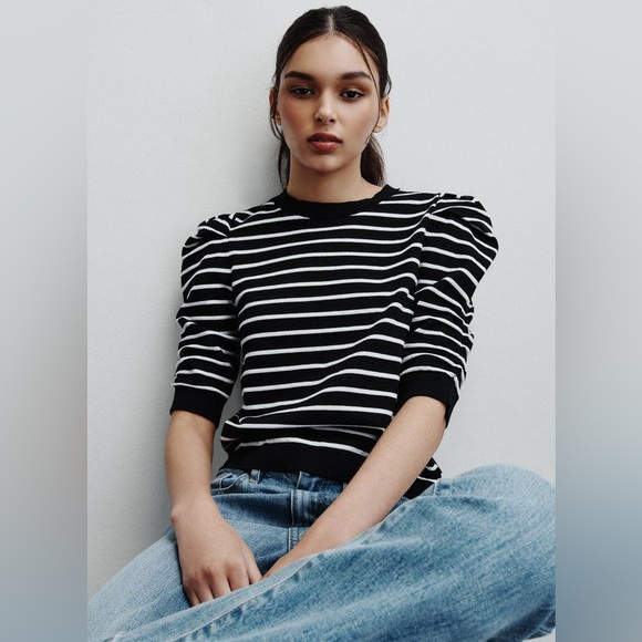 DKNY Crew Neck Striped Puff Sleeve Top Black White Size L - Picture 5 of 5